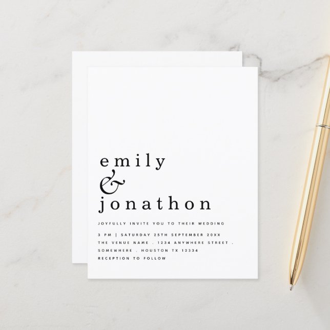 Budget Simple Text Black White Wedding Invitation (Front/Back In Situ)