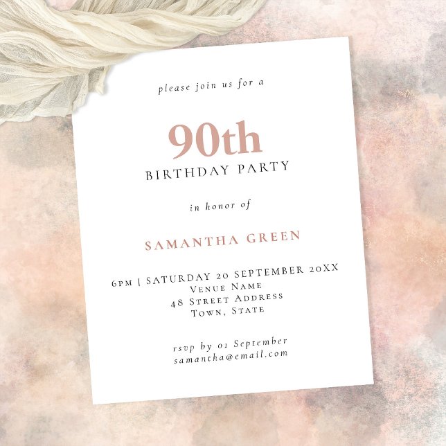 Budget Simple Text Blush 90th Birthday Invitation (Creator Uploaded)