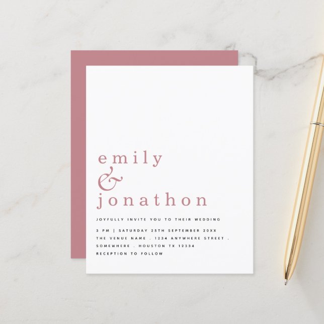 Budget Simple Text Dusty Rose Wedding Invitation (Front/Back In Situ)