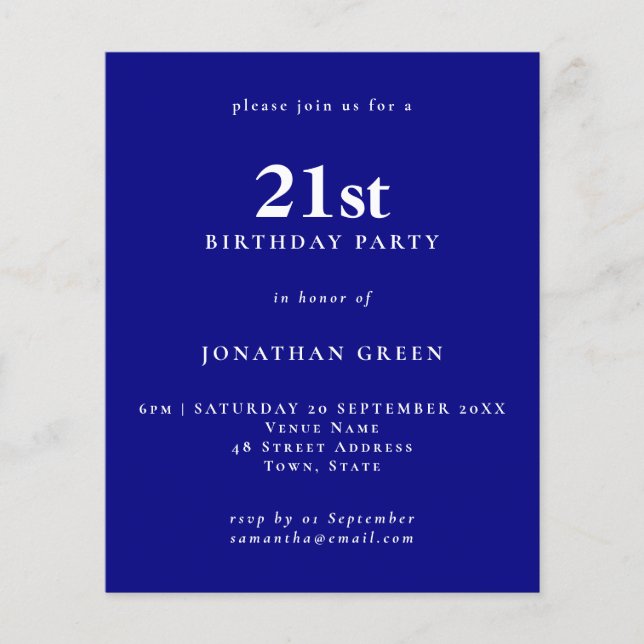 Budget Simple Text Navy 21st Birthday Invitation (Front)