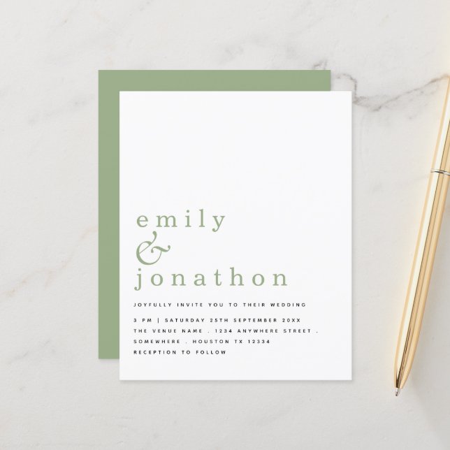 Budget Simple Text Sage Green Wedding Invitation (Front/Back In Situ)