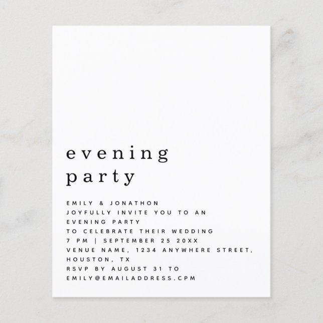 BUDGET Simple Text Wedding Evening Party Invite (Front)