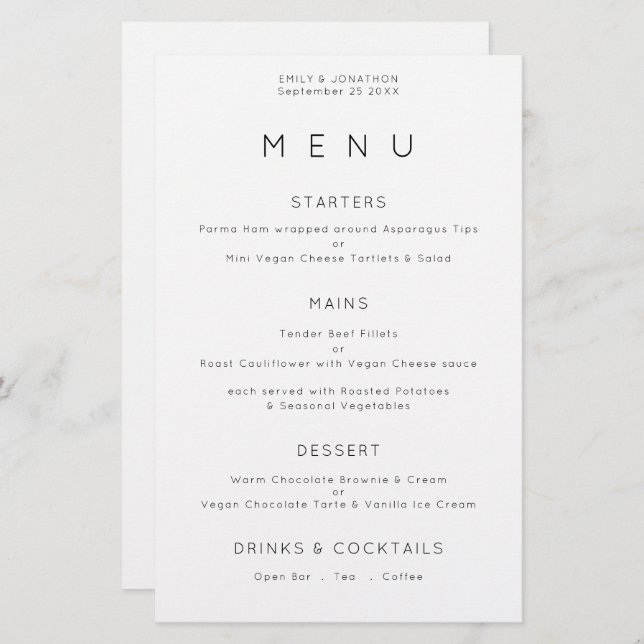 Budget Simple Typographie BlacK Menu Mariage blanc (Devant / Derrière)