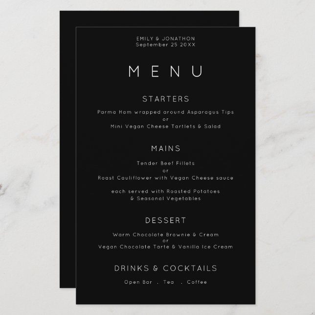 Budget Simple Typographie Blanc Noir Mariage Menu (Devant / Derrière)