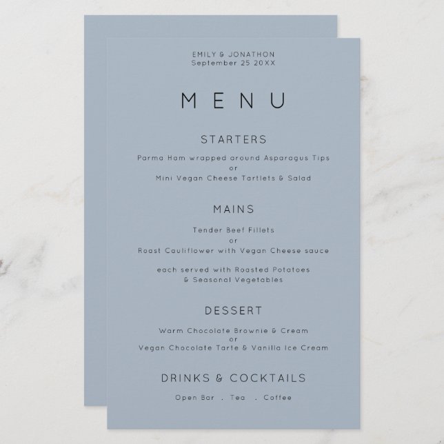 Budget Simple Typographie Dusty Blue Mariage Menu (Devant / Derrière)