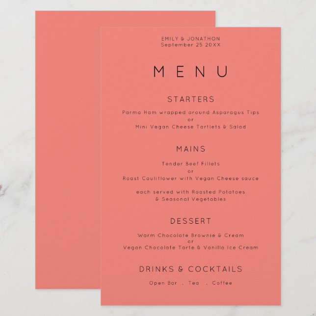 Budget Simple Typography Coral Rose Wedding Menu (Front/Back)