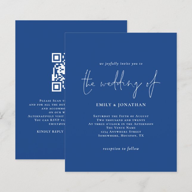 Budget Simple White Blue QR Code Wedding Invite (Front/Back)
