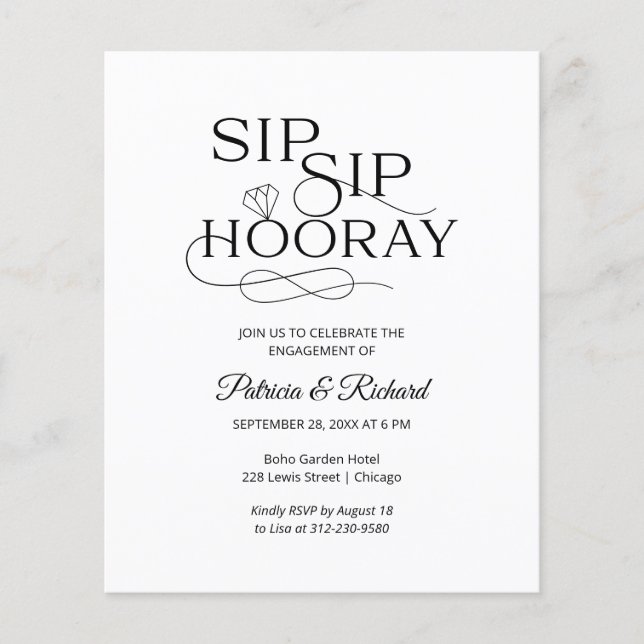 Budget Sip Sip Hooray Engagement Party Invitation (Front)