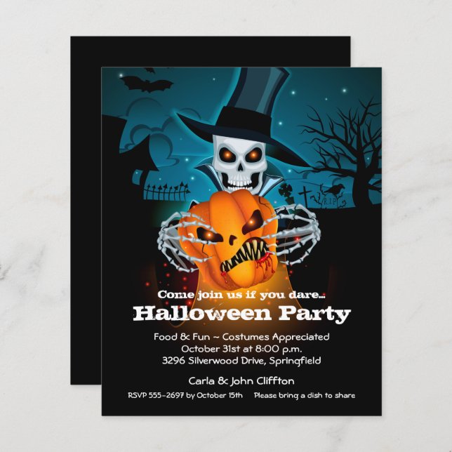 Budget Skeleton and Pumpkin Halloween Invitations (Front/Back)