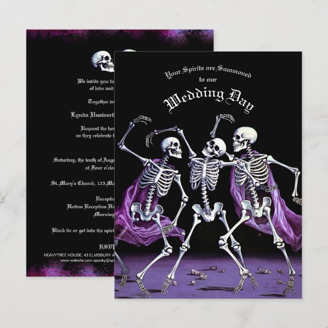 Budget Skeletons Purple Gothic Wedding Invitation Postcard (Front/Back)