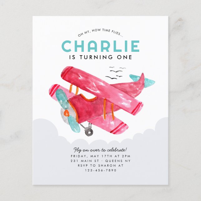 Budget Sky Cloud Watercolor Red Airplane Birthday (Front)