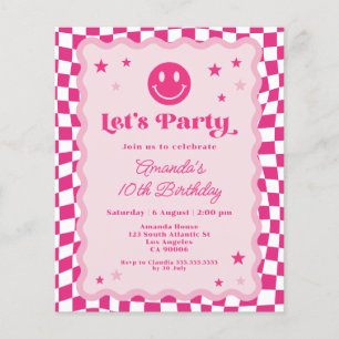 Budget Smile Face Hot Pink Retro Birthday Invite