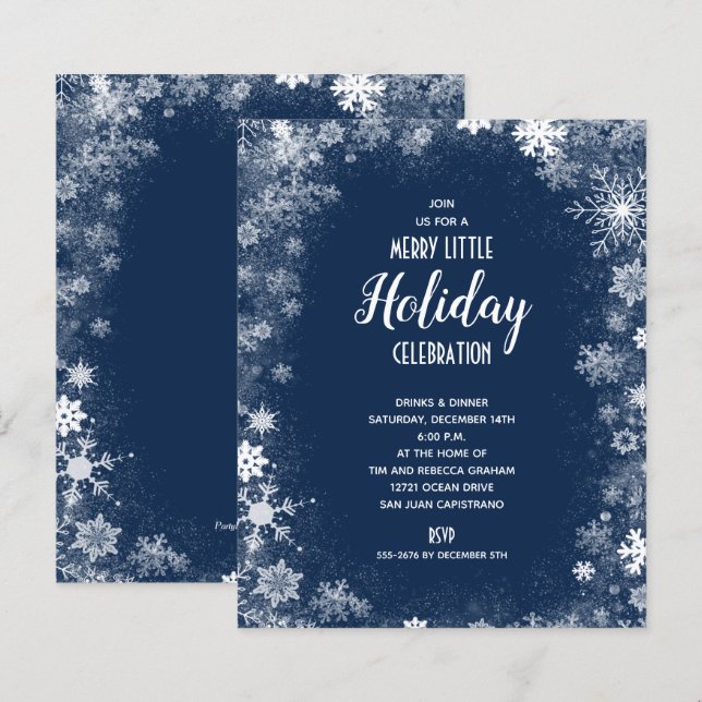 Budget Snowflakes on Navy Holiday Invitations (Front/Back)