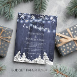 Budget snowflakes winter wedding invitation flyer<br><div class="desc">Rustic elegant winter wedding stylish budget affordable invitation flyer template on navy blue barn wood featuring pine trees wonderland border, white snowflakes, and strings of twinkle lights. Easy to personalize with your details. The invitation is suitable for elegant winter rustic mountains navy blue white weddings. PLEASE READ THIS BEFORE PURCHASING!...</div>