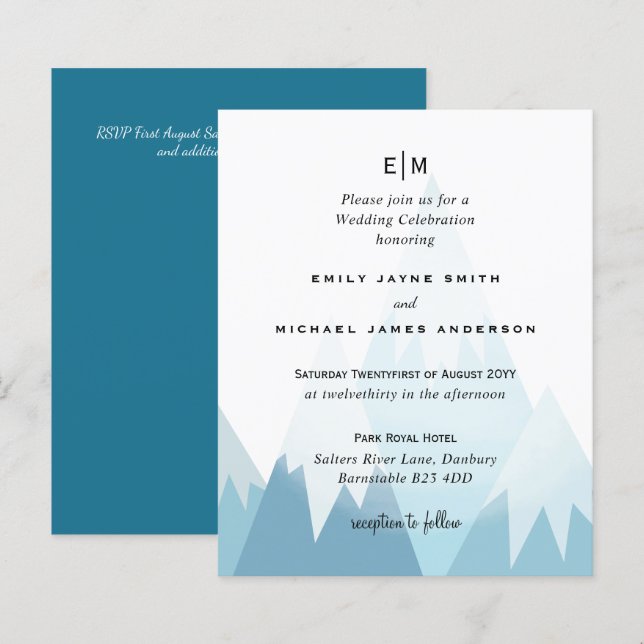 Budget Snowy Mountain Skiing Winter Wedding Invite (Front/Back)