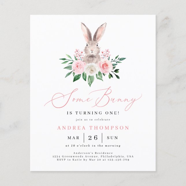 Budget Some Bunny Blush Pink Floral First Birthday (Front)