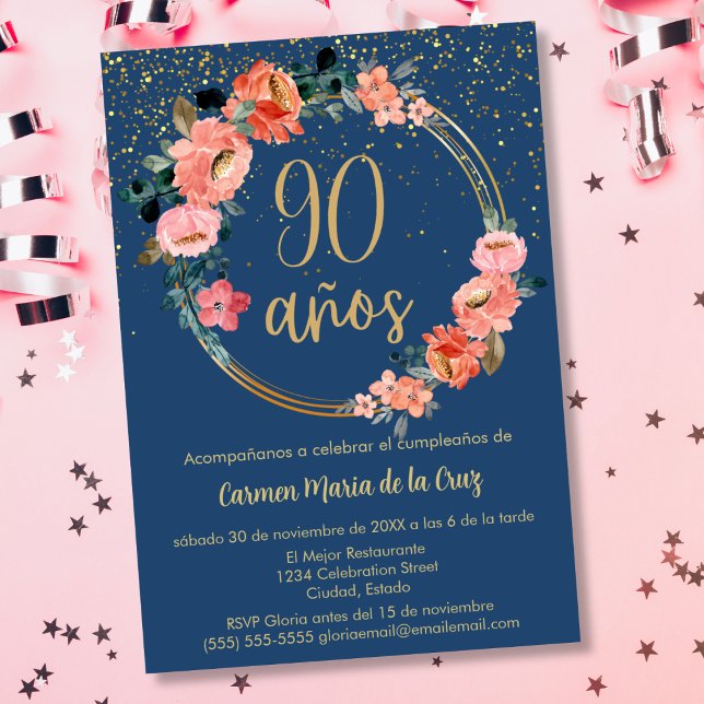 Budget Spanish Blue Elegant 90th Birthday Party Invitation (Creator Uploaded)