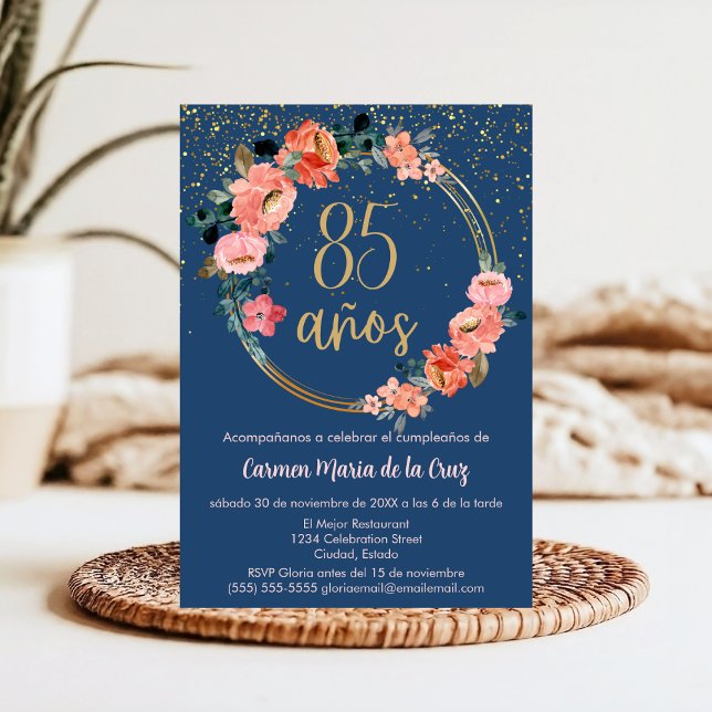 Budget Spanish Blue Gold Pink Floral 85th Birthday Invitation (Creator Uploaded)