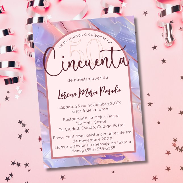 Budget Spanish Purple Pink Agate 50th Birthday Invitation (Creator Uploaded)