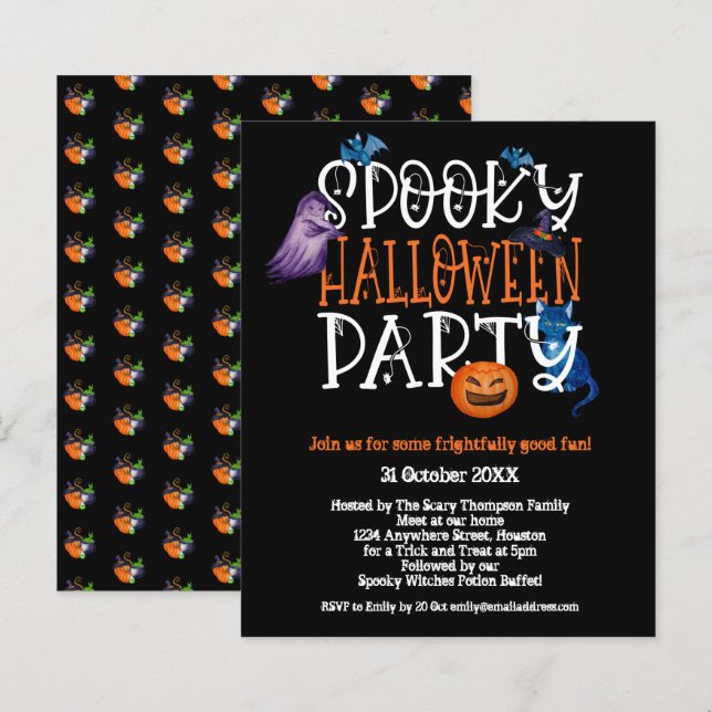 Budget Spooky Halloween Party Black Invitation (Front/Back)