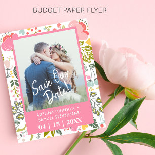 Budget spring wedding floral pink photo save date flyer