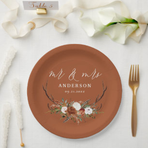 Budget Stag rustic botanical wedding terracotta Paper Plate