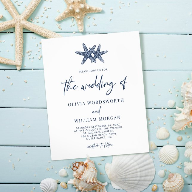 Budget Starfish Nautical Navy Blue Wedding Invite Flyer (Creator Uploaded)