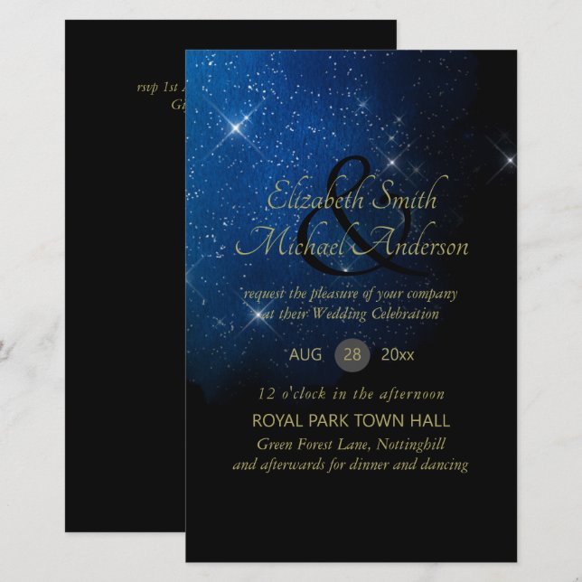 BUDGET Starry Night Navy Gold A9 Wedding Invites (Front/Back)