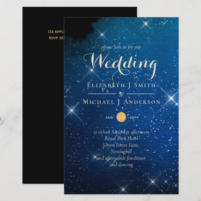 BUDGET Starry Night Navy Gold A9 Wedding Invites (Front/Back)