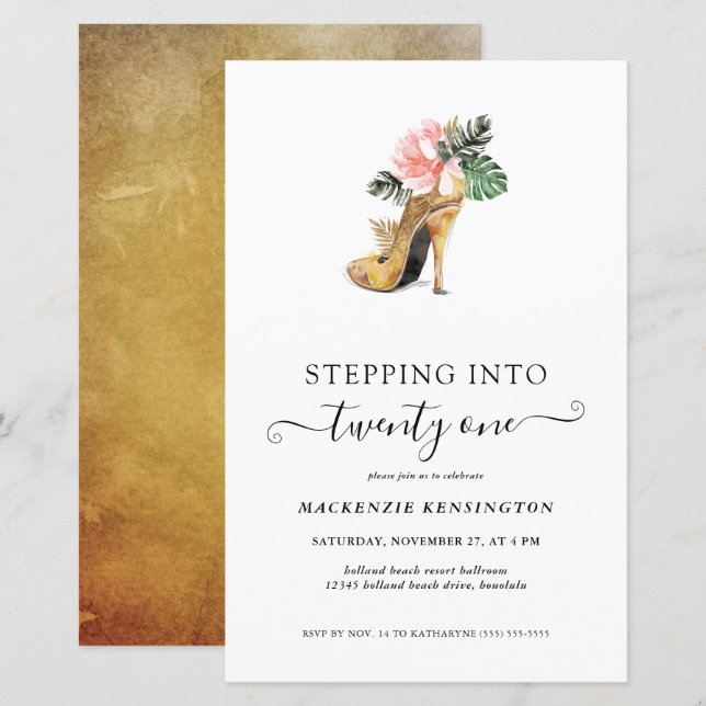 Budget Stepping Into 21 Floral Gold Heels Birthday (Front/Back)