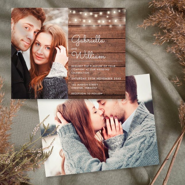 Budget String Lights Rustic Photo Wedding Invite (Creator Uploaded)