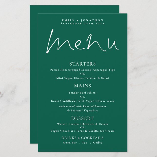 Budget Stylish Script Emerald Wedding Menu (Front/Back)