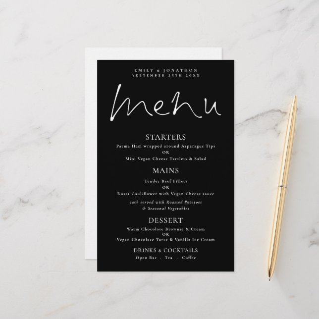 Budget Stylish Script White Black Wedding Menu (Front/Back In Situ)