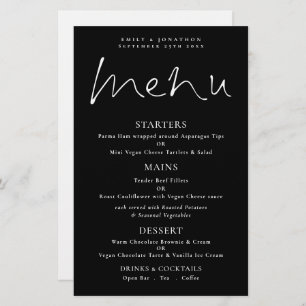 Budget Stylish Script White Black Wedding Menu