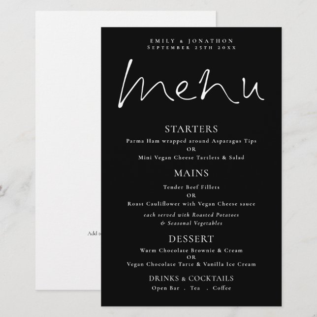 Budget Stylish Script White Black Wedding Menu (Front/Back)