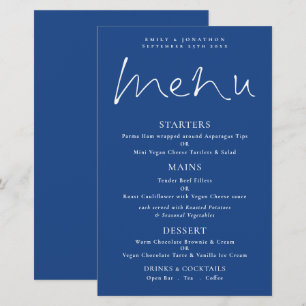 Budget Stylish Script White Blue Wedding Menu