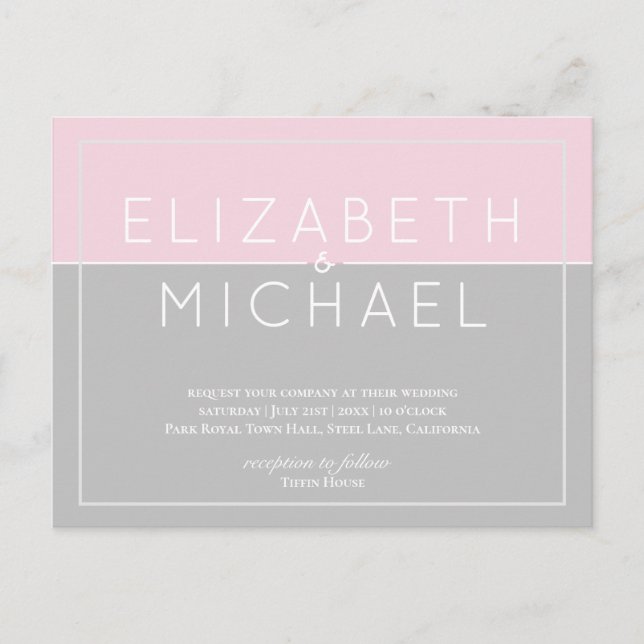 Budget Sugar Pink Grey Wedding Invitation Modern Postcard (Front)