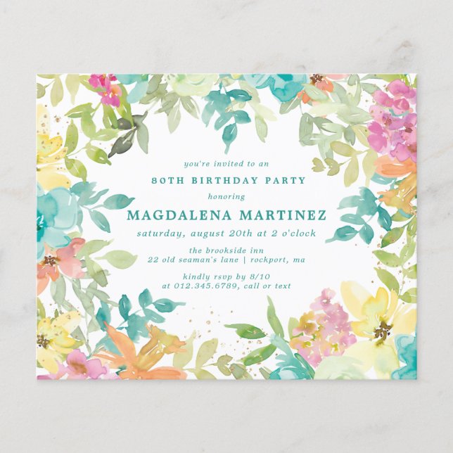 Budget Summer Floral 80th Birthday Invitation (Front)