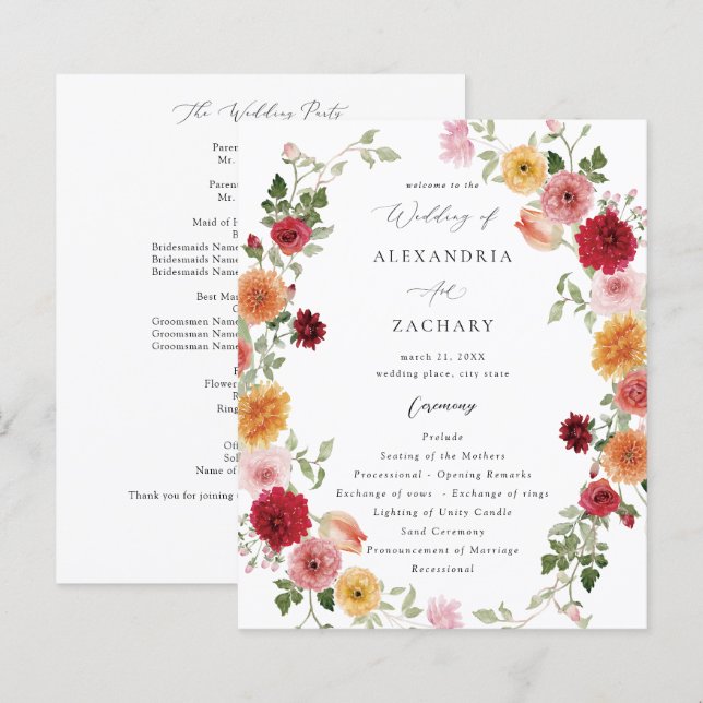 Budget Summer Multi Colour Floral Wedding Program  (Front/Back)