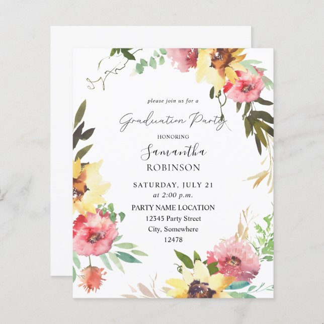 Budget Summer Sunflower Floral Graduation Party (Front/Back)