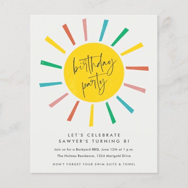 Budget Sun Script Kids Birthday Party Invitation (Front)