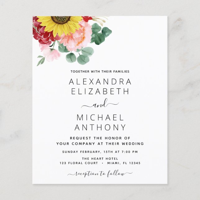 Budget Sunflower Eucalyptus Country Wedding Flyer (Front)
