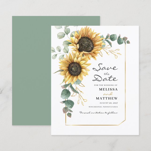 Budget Sunflower Eucalyptus Greenery Save The Date (Front/Back)