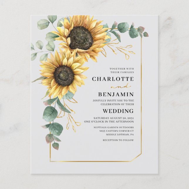 Budget Sunflower Eucalyptus Wedding Invitation Flyer (Front)
