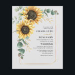 Budget Sunflower Eucalyptus Wedding Invitation Flyer<br><div class="desc">Create a modern Sunflower Floral Budget Wedding invitation card with this cute template featuring beautiful rustic floral bouquet, geometric gold effect frame, with modern simple typography. TIP: Matching wedding suite cards like RSVP, wedding programs, banners, tapestry, gift tags, signs, and other wedding keepsakes and goodies are available in the collection...</div>