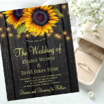 Budget sunflower rustic country wedding invitation flyer<br><div class="desc">Rustic country wedding celebration and reception stylish budget affordable invitation flyer template on dark brown barn wood background featuring big yellow gold sunflowers bouquets, strings of twinkle lights, and a faux gold typography script. Easy to personalize with your details! The invitation is suitable for outdoor garden backyard rustic country weddings....</div>