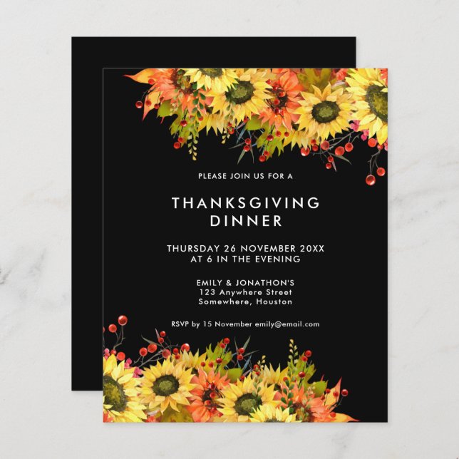 Budget Sunflower Thanksgiving Dinner Black Invite (Front/Back)