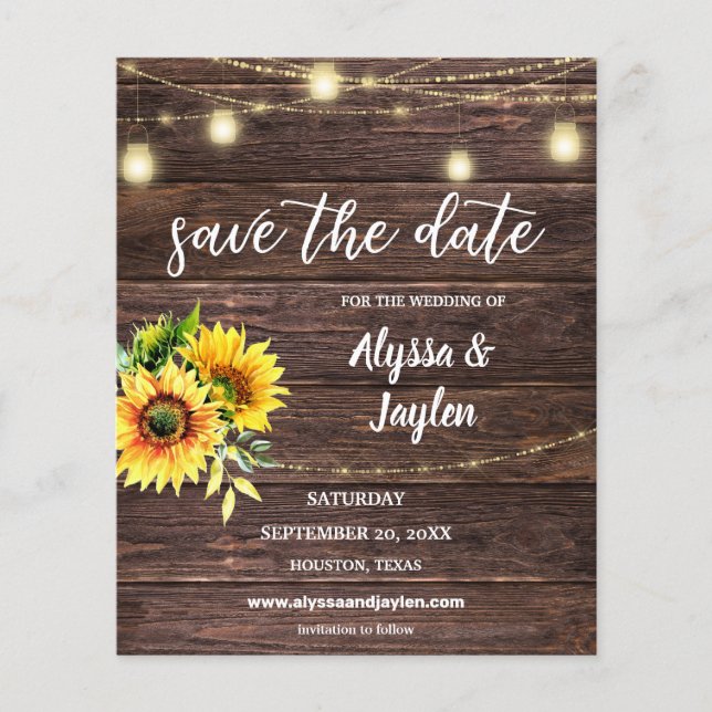 Budget Sunflower, Wood & Lights Save the Date (Front)
