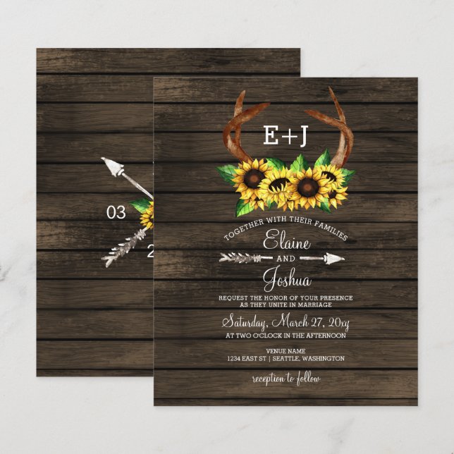  Budget Sunflowers Antlers Chic Wedding Invitation (Front/Back)