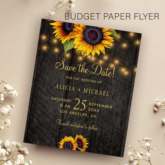 Budget sunflowers barn wood wedding save the date flyer (Creator Uploaded)
